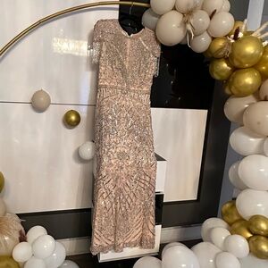 Embellished Fringe Cap Sleeve Trumpet Gown